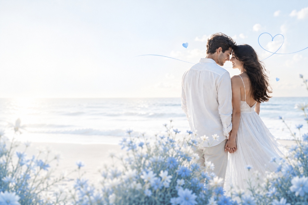 Romantic couple standing near beach during golden hour wearing white outfits